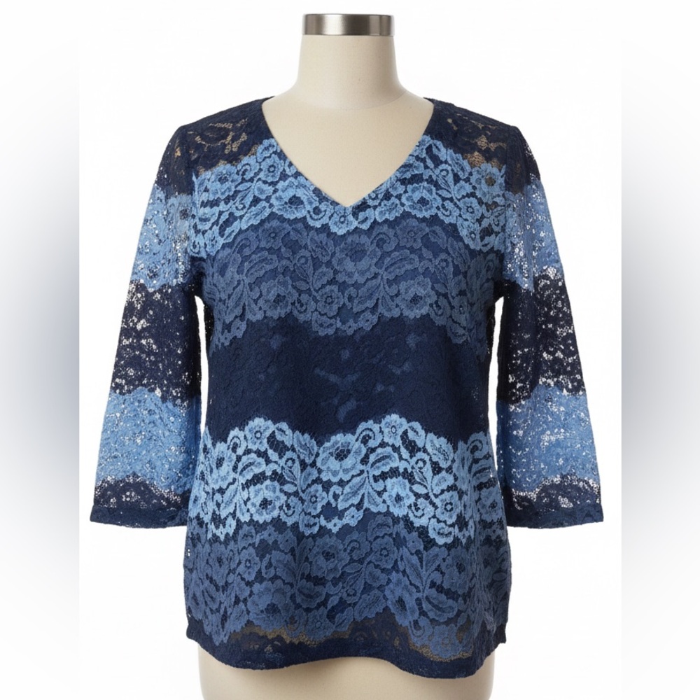 Vtg PROJECT Blue Ombre Floral Lace Blouse - Long Sleeve Sheer Top - Size L